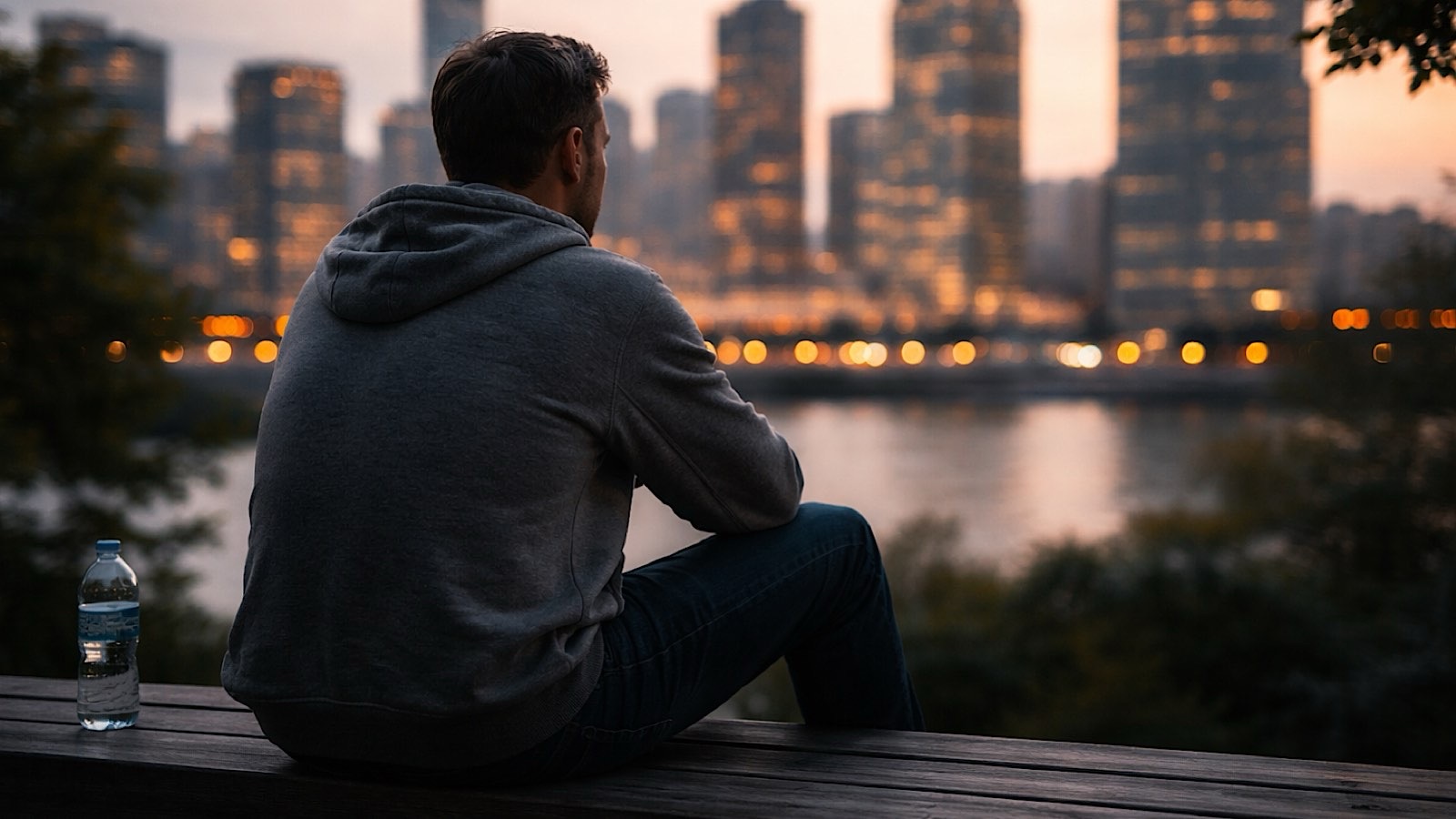 Man sitting overlooking city skyline at dusk reflecting alone